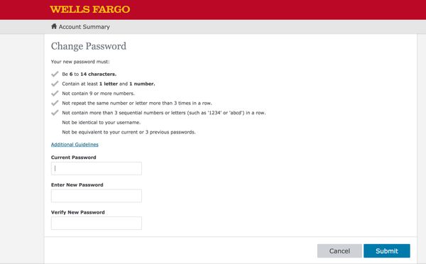 Wells Fargo dumb password rule screenshot